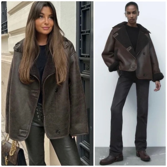 Zara Relaxed Double Faced Faux Shearling Brown Jacket SZ XS - Picture 2 of 8